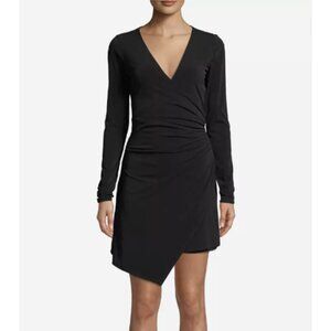 Cinq à Sept Coralie Mini Dress in Black Fitted Wrap Cinched Asymmetric V-neck Si